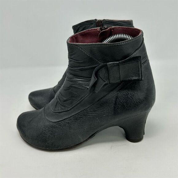Women's Blue Gray Leather Heeled Ankle Boots Size 38 Bow Detail Ruched - Picture 6 of 14